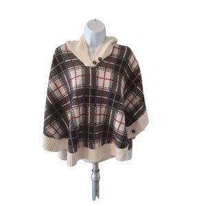 Talbots XS Plaid Wool Blend Poncho Cape Sweater Cream Black Red Preppy Cozy